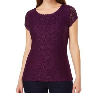 KARL LAGERFELD PARIS ​Lace Cap-Sleeve T-Shirt deep grape purple top blouse SZ SM